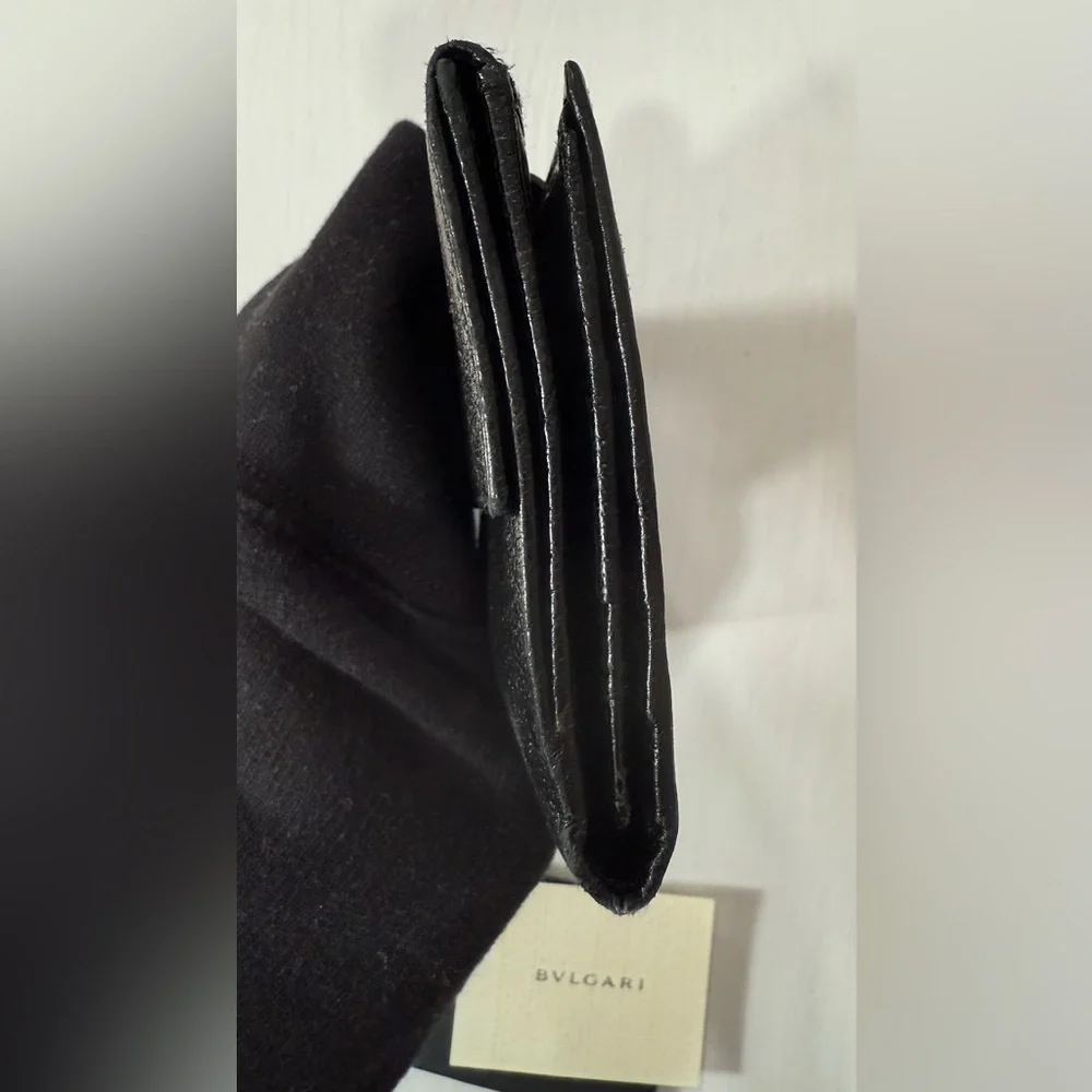 BVLGARI Black Leather Trifold Wallet Organizer Snap Closure
